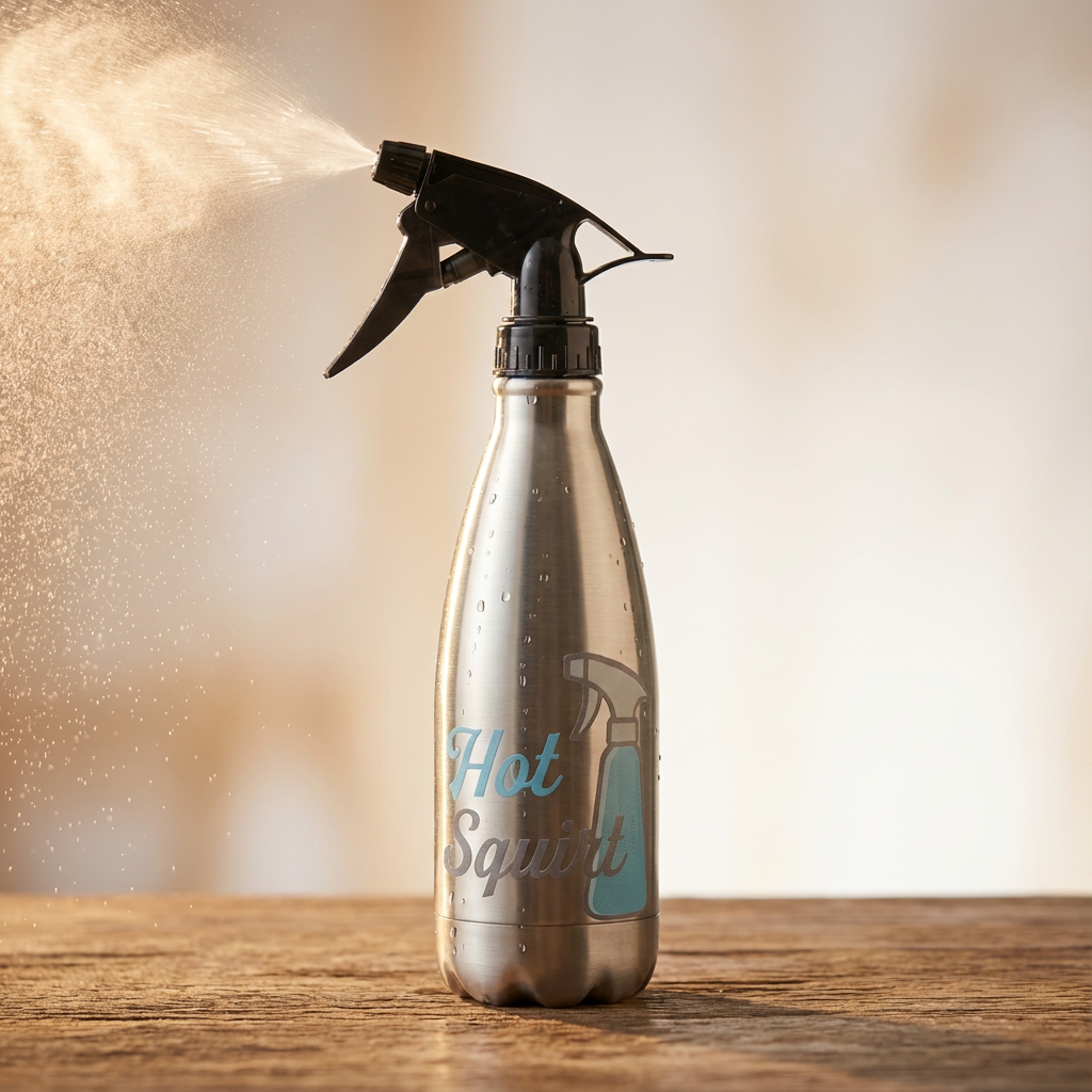 Hot Squirt thermal mist bottle spraying warm water on a wooden surface under warm lighting