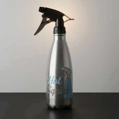 Hot Squirt thermal mist bottle sitting on a desk under warm lighting