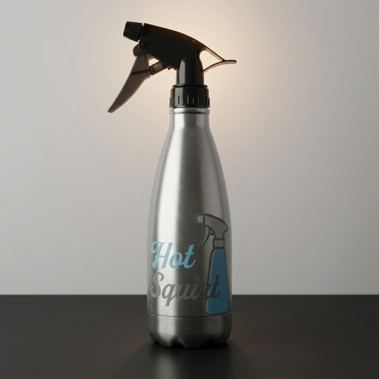 Hot Squirt thermal mist bottle sitting on a desk under warm lighting