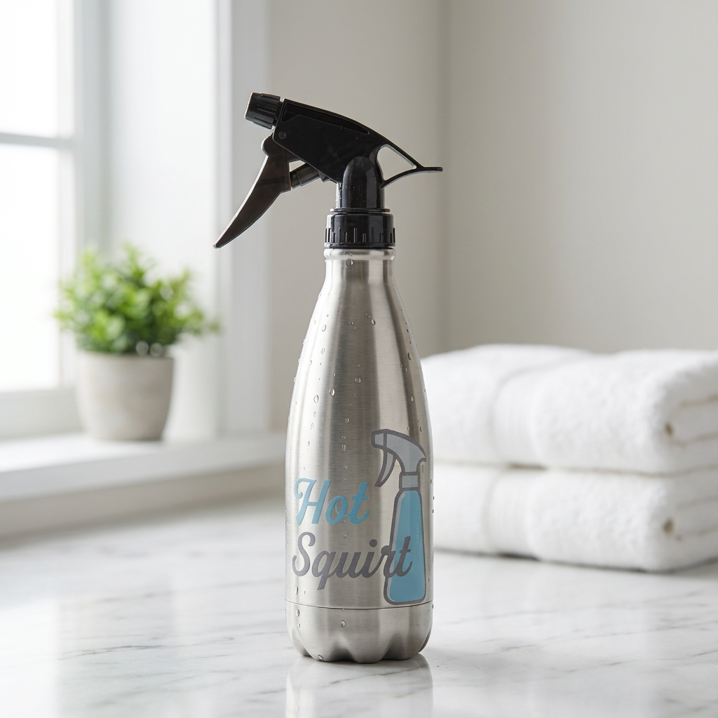 Hot Squirt thermal mist bottle placed in a bathroom with warm lighting